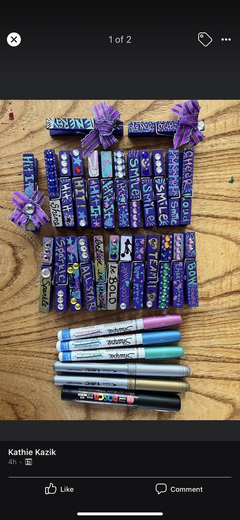 Cheer Bag Clothespins, Good Luck Clothespins For Cheer, Cheer Good Luck Pegs, Cheer Cloths Pins, Cheer Mom Ideas Crafts, Cheer Goodluck Clothespins, Cheerleading Ideas Diy, Cheer Clothes Pins For Backpacks Ideas, Cheer Comp Clothes Pins