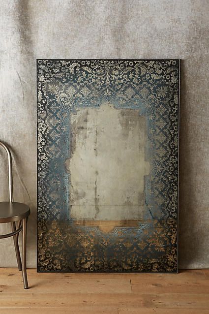 Anthropologie Dissolved Lace Mirror  A border of lace fades into a reflective surface, for the antique effect of a mirror discovered long ago.  (afflink) Distressed Mirror, Soyut Sanat Tabloları, Mirror Painting, Diy Mirror, Mirror Art, Antique Mirror, A Chair, Arabesque, 인테리어 디자인