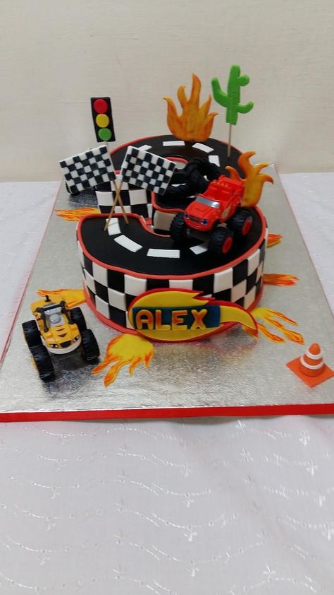 Hi! This is my first number cake! I had so much fun decorating it even though the squares were time consuming. The cars are toys by the mother’s request. Hope you like it! Thanks for looking! Blaze Cake, Blaze Birthday Cake, Blaze Cakes, Blaze Birthday Party, Blaze Party, Blaze Birthday, Monster Truck Cake, Cars Birthday Cake, Bday Party Kids