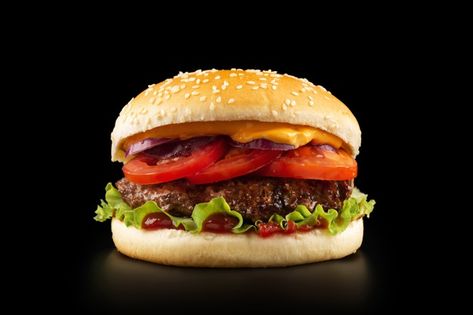 Premium Photo | Fresh juicy burger on black background Homemade Beef Burgers, Big Sandwich, Chicken On A Stick, Double Cheeseburger, Thousand Island, Mushroom Pizza, Tomato And Cheese, Beef Burger, Burger And Fries