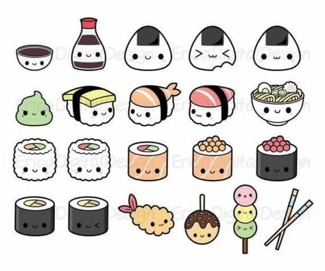 Sushi Stickers, Sushi Drawing, Doodles Kawaii, Cute Sushi, Kawaii Clipart, 귀여운 음식 그림, Desain Quilling, Images Kawaii, Cute Food Drawings