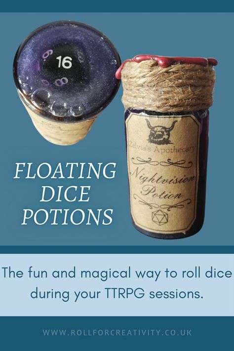 Dice Potion Bottle Diy, Floating Dice Potion, Dice Potion Bottle, Dungeons And Dragons Diy Gift, Dungeons And Dragons Gifts Diy, Dice Jail Diy, Dungeons And Dragons Props, Diy D&d Gifts, Dungeons And Dragons Gift Ideas