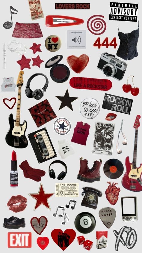 Rockstar Aesthetic Collage, Rockstar Aesthetic Stickers, Journal Stickers Music, Rockstar Collage, Dark Red Stickers, Rockstar Background, Rockstar Stickers, Clear Phone Case Design, Sketchbook Cover