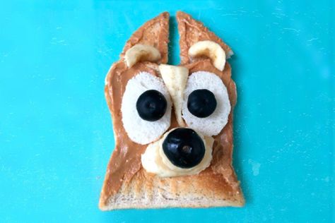 Bluey Shaped Toast, Bluey Toys, Kid Sandwiches, Toast For Breakfast, Kid Lunches, Easter Brunch Food, Bread Art, Breakfast Toast, Peanut Butter Banana