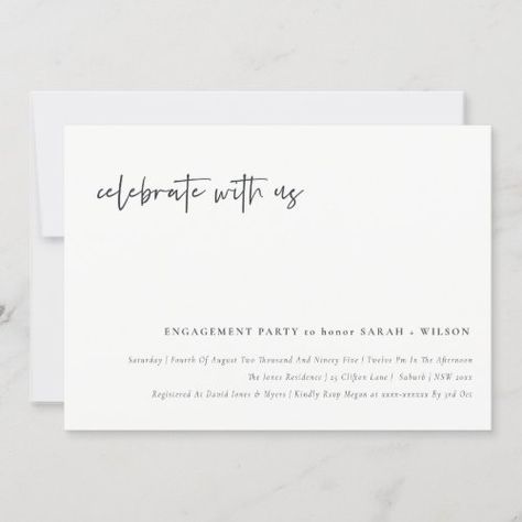 $2.72 | Celebrate With Us Calligraphy Engagement Invite #calligraphy script custom clean font, modern contemporary simple minimal luxe, fresh personalised lush fall designer, wedding invitation template cool luxury, elegant handwritten neutral english bold, trendy pretty exquisite graceful ivy, chic whimsical kraft classy typography, minimalist boutique spring summer winter, classy unique casual urban lettering, industrial romantic black and white Minimalist Boutique, Dinner Invitation Wording, Engagement Invite, Typography Minimalist, Elegant Engagement Party, Fall Bridal Shower Invites, Invitation Etiquette, Wedding Invitation Etiquette, Invitation Frames