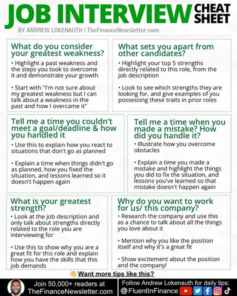 Andrew Lokenauth | TheFinanceNewsletter.com on X: "I've received many job offers because I was the most prepared for the job interview, not because I was the "smartest". Here are 10 common interview questions and how to prepare for each, so you get a job offer: https://t.co/glnUQSqEmE" / X Job Interview Prep, Job Interview Answers, Job Interview Preparation, Job Interview Advice, Good Leadership Skills, Common Interview Questions, Interview Answers, Job Tips, Interview Advice