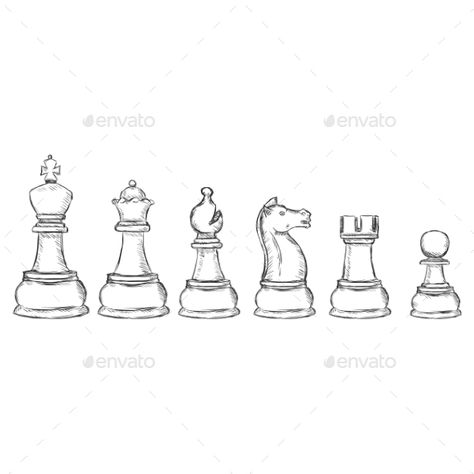 Chessboard Drawing, Simple Chess Tattoo, Chess Sketch, Chess Aesthetic Drawing, King Chess Piece Tattoo Outline, How To Draw Chess Pieces, Chess Piece Tattoos For Men, Chess Pieces Drawing Easy, Chess Piece Drawing