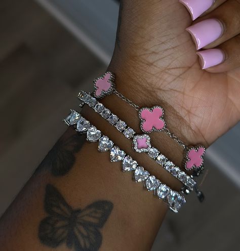 I love a pretty bracelet stack 😍 this silver and pink is everything! View our Saturn ♡ Set on toptiercharms.com 🔗 @toptiercharms Bracelet Stacks Silver, Pink Bracelet Aesthetic, Silver Rings Stack, Silver Jewelry Stack, Pretty Stacks, Silver Bracelet Stack, Girly Bracelets, Dope Jewelry Accessories, Bracelet Stacks