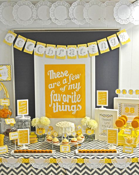 Bright and sunny dessert table! #desserttable #soundofmusic 90th Birthday Party Theme, 98th Birthday, Buffet Dessert, 90th Birthday Parties, Favorite Things Party, Yellow Party, 90's Birthday Party, 80th Birthday Party, Music Party