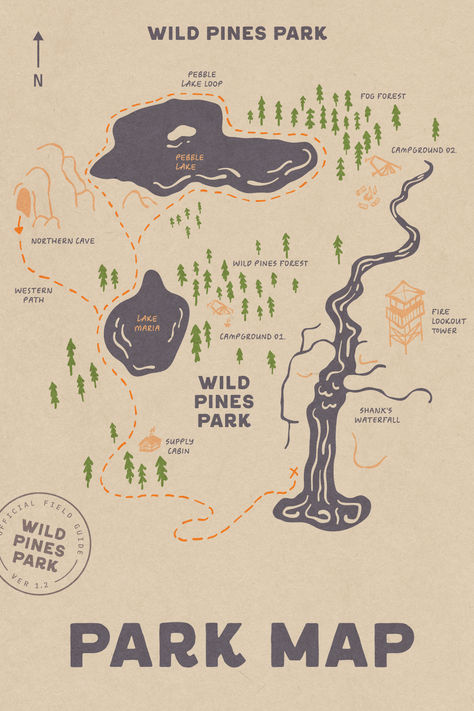 Wild Pines Park is a nostalgic, national park-esque font with a subtle ruggedness and Americana charm. Transport yourself to a bygone era, equipped with your handy field guide notebook, as you venture into the wilderness. Field Guide Design, National Park Brochure, Camp Tshirt Designs, Book Themed Nursery, Survival Books, Map Pattern, National Parks Map, Print Ideas, Publication Design