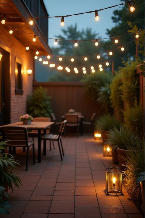 Urban-inspired outdoor area with zigzag string lights and caged floor lamps Outdoor Patio With Lights, Edison Lighting Outdoor Patio Ideas, Backyard Patio Lighting, Patio Lights String, Porch Lighting Ideas, Patio On A Budget, Patio Lighting Ideas, Unique Backyard, Backyard Lights