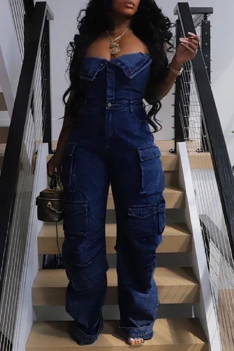 Casual Solid Patchwork Buckle Backless Strapless Sleeveless Skinny Denim Jumpsuits Jean Jumpsuit Outfit Shorts, Jean Jumpsuit Outfit, Denim Style Casual, Denim Jeans Outfit, Jumpsuit Denim, Denim Jumpsuits, Jumpsuit Fitted, Birthday Fits, Cute Curly Hairstyles