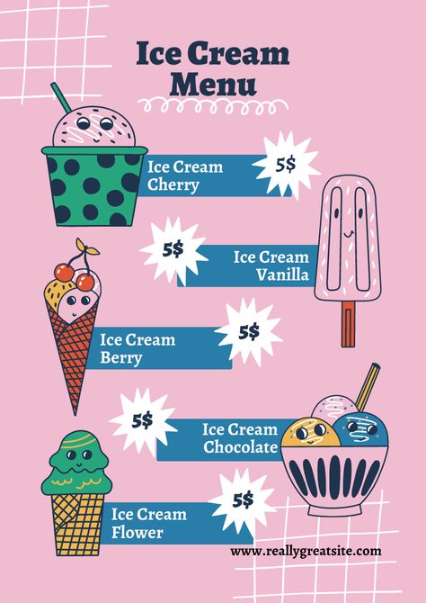 Colorful Illustrative Ice Cream Menu. Canva Template by Anka Drozd Ice Cream Menu Design, Blue Bunny Ice Cream, Ice Cream Flower, Ice Cream Menu, Menu Illustration, Graphic Design Books, Brand Ideas, Design Books, Blue Cute