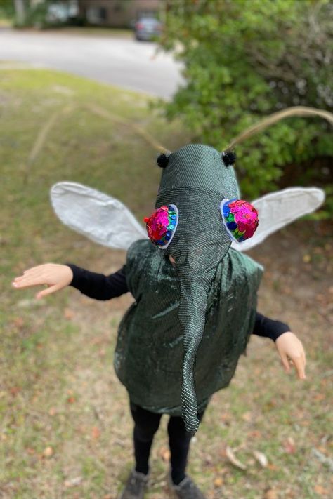 My son and I had such a blast making the bug and Mosquito Costumes for Halloween this year. These were surprisingly simple to make and no sewing involved! Everything was from around the house. Standard hats are the base. Using some metal screen from an old window I cut out a shape that I thought would work.  Just using clips we wrapped it around the hats forming the shapes we liked. The fabric stuck to mesh. We cut balls in half - Added some sparkles for the eyes- then more mesh for the antenae! Mosquito Costume, Bug Costumes, Bug Costume, Costumes For Halloween, Forest Party, Book Week Costume, Homemade Halloween Costumes, The Bug, Halloween This Year