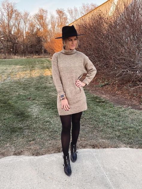 Oatmeal Sweater Dress Outfit, Baggy Sweater Dress Outfit, Sweater Dresses With Tights, Tights With Sweater Dress, Tank Dress Outfit Winter, Mini Sweater Dress Outfit, Sweater Dress Outfit With Tights, Sweater Dress With Black Tights, Tan Sweater Dress Outfit