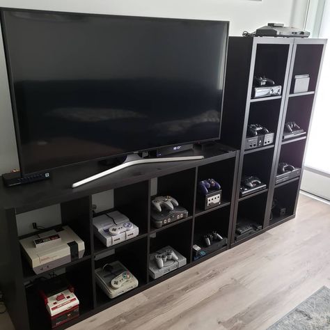 Game Console Display Ideas, Game System Organization, Game Console Organization, Video Game Console Storage, Game Console Shelf, Video Game Organization, Video Game Storage, Games Room Inspiration, Small Game Rooms