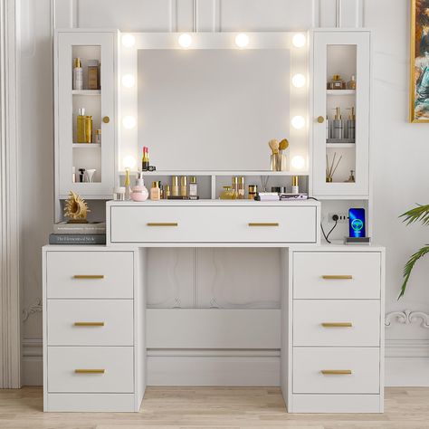 PRICES MAY VARY. 【Important Tips】The complete makeup vanity desk with mirror and lights will be packed in 2 packages (Box A and B), please install after both packages are received. Both the US East and West local warehouses can deliver to ensure faster arrival. 💡【10 Hollywood Bulbs with 3 Light Modes】This modern makeup vanity features a large mirror surrounded by 10 hollywood-style light bulbs with 3 color options (natural light, warm light and cold light) that can be adjusted easily for bright Makeup Vanity Built In Closet, Vanity Next To Bed Ideas, Makeup Vanity Big, Long Vanity Desk, Glam Makeup Vanity Ideas, Vanity Desk No Mirror, Teen Bedroom Vanity, In Home Makeup Studio, Hollywood Dressing Table