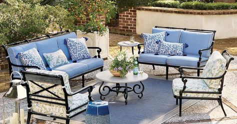 Revive Your Outdoor Space with Stylish Décor. #Ad Lanai Furniture, Blue Stone Patio, Outdoor Pool Furniture, Wooden Patio Furniture, Fine Furniture Design, Frontgate Outdoor Furniture, Back Porches, Frontgate Outdoor, Stone Patio