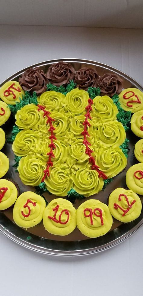 Softball Cakes, Softball Cupcakes, Softball Treats, Softball Party Ideas, Softball Cake, Softball Banquet, Ball Cupcakes, Simple Cupcakes, Cupcake Pull Apart