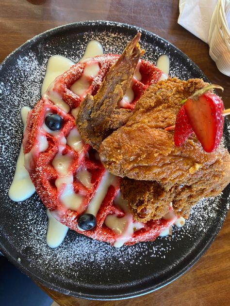 Red Velvet Waffles And Chicken, Friendsgiving Brunch, Velvet Desserts, Red Velvet Waffles, Red Velvet Desserts, Grub Hub, Chicken Waffles, Special Breakfast, Food Knowledge