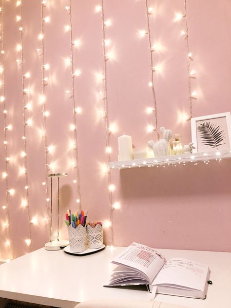 Bedroom Ideas Pink, Fairy Lights On Wall, Light Pink Rooms, Light Pink Bedrooms, Fairy Lights Room, Aphrodite Cabin, Led Room, Pink Bedroom Walls, Pink Bedroom Design