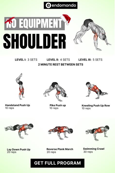 Get the shoulders of your dreams without any gym equipment! These bodyweight shoulder exercises will build strength and muscle for a defined upper body. Shoulder Workout Without Equipment, Shoulder Mass Workout, Build Shoulders, Workouts Without Equipment, Best Fat Burning Workout, Shoulder Exercises, Bodybuilding Workout Plan, Burning Workout, Gym Workout Chart