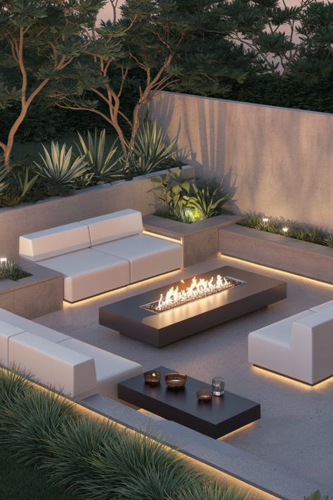 Create a modern sanctuary with this luxurious backyard patio featuring a sleek concrete fire pit, built-in stone seating, and minimalist furniture. The lush greenery and subtle ambient lighting provide a serene and stylish environment, perfect for unwinding or entertaining guests.#ContemporaryPatioDesign #OutdoorLuxuryLiving #FirePitBackyard #SleekPatioFurniture #LushGreenPatio #EveningPatioAmbiance Backyard Patio With Fire Pit, Stone Seating, Patio With Fire Pit, Outdoor Hosting, Exterior Landscaping, Luxurious Backyard, Concrete Fire Pit, Zen House, Modern Backyard Landscaping