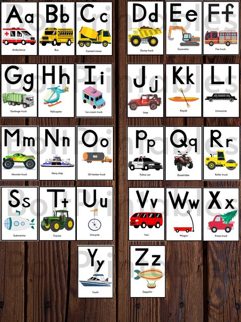 Printable Transportation Vehicle themed Alphabet Flash cards, 2 downloadable versions, 2 flashcards per page, 4 flashcards per page Cursive Letters Alphabet, Letter Flashcards, Transportation Activities, Learning Cursive, Printable Alphabet Worksheets, Cursive Handwriting Practice, Alphabet Flash Cards, Transportation Preschool, Handwriting Practice Worksheets