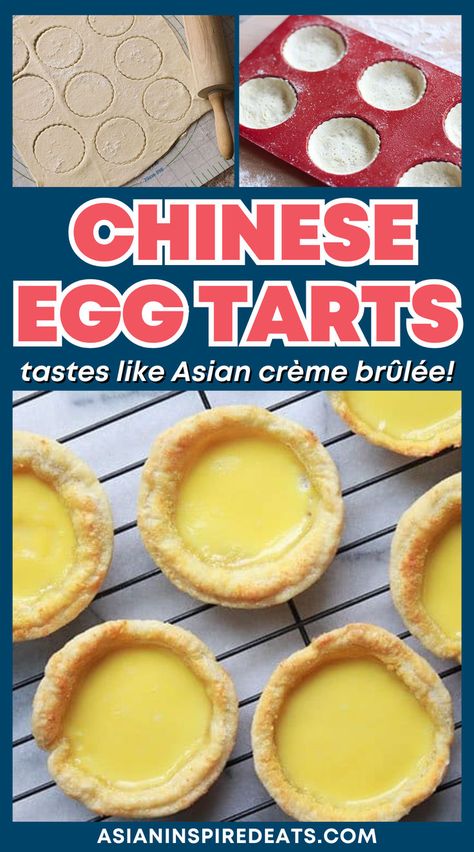 round tarts filled with a yellow custard Chinese Egg Tart, Chinese New Year Desserts, Egg Custard Recipes, Sweet Egg, Propane Torch, Asian Dessert, Chinese Egg, Chinese Restaurants, Mini Pumpkin Pies