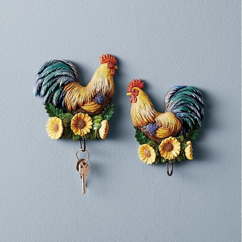 Hand-painted roosters with metal hooks are perfect for hanging up kitchen towels, serving utensils and more. ...Buy Now, Pay Later with Ginny's Credit Shopping! Rooster Collectibles Zazzle, Rooster Kitchen Decor Farmhouse Style, Chicken Themed Kitchen, Chicken Decorations, Shed Homes Ideas, Chicken Kitchen Decor, Rooster Collectibles, Stock Tank Pool Diy, Chicken Barn