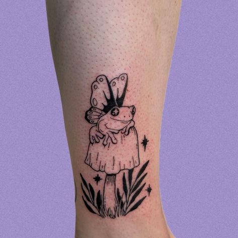 Frog With Angel Wings Tattoo, Frog With Fairy Wings Tattoo, Mushroom Frog Tattoo, Frog With Mushroom Tattoo, Frog And Mushroom Tattoo, Frog On A Mushroom Tattoo, Minneapolis Tattoo, Frog Tattoos, Body Piercings