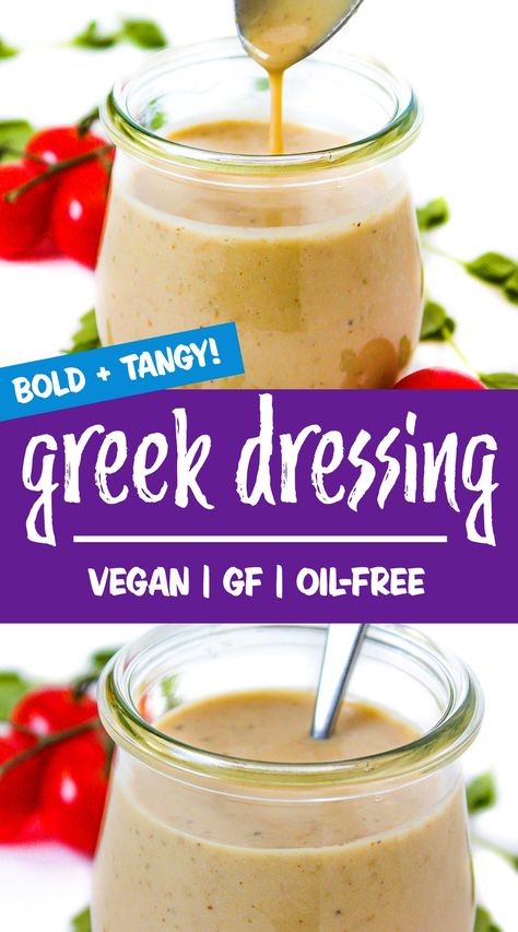 Vegan Greek Dressing (Oil-Free!) Creamy Vegan Dressing, Plant Based Dressing Recipes, Vegan Greek Dressing, Oil Free Salad Dressing Recipes, Vegan Greek Salad Dressing, Oil Free Asian Dressing, Oil Free Dressing Vegan, Oil Free Greek Salad Dressing, Oil Free Vegan Salad Dressing