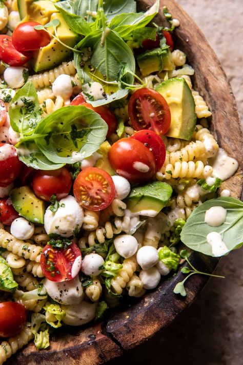 Caprese Caesar Pasta Salad, Half Baked Harvest Caprese Pasta Salad, Half Baked Harvest Pasta Salad, Half Baked Harvest Salad, Beach Lunch Ideas, Cesar Pasta Salad, Tortellini Caprese Salad, Caesar Salad Pasta, Caesar Pasta Salad