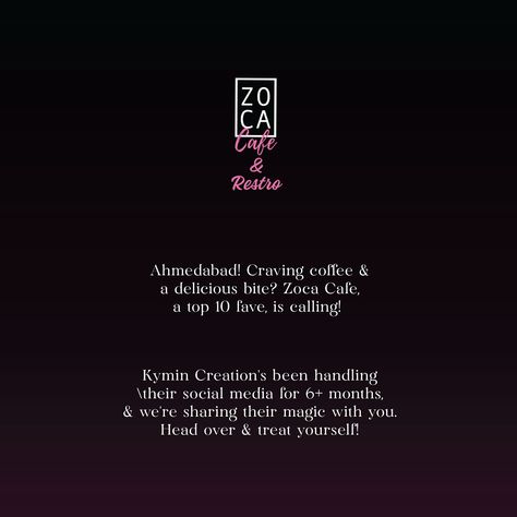 Ahmedabad! Craving coffee & a delicious bite? Zoca Cafe, a top 10 fave, is calling! ☕️ Kymin Creation’s been handling their social media for 6+ months, & we’re sharing their magic with you. Head over & treat yourself! #ahmedabad #topeats #kymincreation #socialmediamanagement #kymincreations #zocacafe #zocaahmedabad Zoca Cafe, Craving Coffee, Ahmedabad, Digital Marketing Agency, Social Media Manager, Treat Yourself, Social Media Post, 6 Months, Top 10