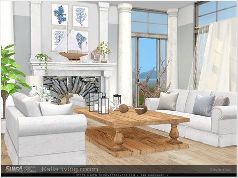 Severinka_'s Kalla living room Beach House Dinning Room, Sims 4 Coastal Cc, Sulani House, Sims4 Furniture, Living Room Sims 4, Sims 4 Cc Furniture Living Rooms, Beach House Furniture, Cc Patreon, Beachy Bedroom