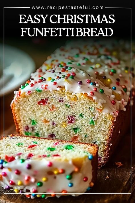 This festive Easy Christmas Funfetti Bread is a fun and colorful treat, perfect for the holidays! With a fluffy texture, creamy sour cream, and vibrant rainbow sprinkles, it's a cheerful addition to any holiday spread. Rainbow Sprinkles, Easy Christmas, Simple Christmas, Sour Cream, Bread Recipes, Holiday Recipes, Baking Soda, Sprinkles, Bread