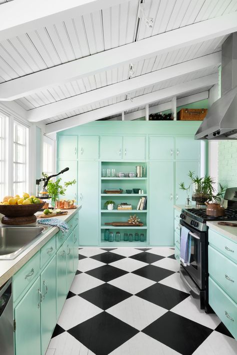 Seafoam Cabinets, Checkered Floor Kitchen, Vaulted Ceiling Kitchen, Beach Style Kitchen, Checkered Floor, Whimsical Kitchen, Flat Panel Cabinets, Kitchen Stories, Transitional Kitchen