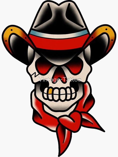 Blue Collar Tattoo Ideas, Cowboy Skull Tattoo Traditional, Skull With Cowboy Hat Tattoo, American Traditional Cowboy Tattoo, American Traditional Cowboy, Cool Traditional Tattoos, Cowboy Skull Tattoo, Traditional Skull Tattoo, Cowgirl Tattoo