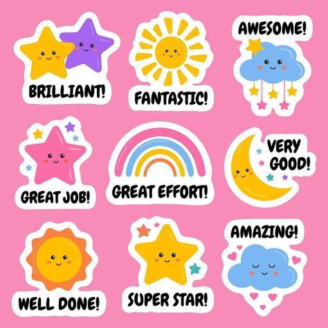 Teacher Stickers Printable, Reward Stickers For Students, Sunny Clouds, Hello Kindergarten, Stickers Collection, Job Well Done, Kids Rewards, Work Stickers, Craft Room Design