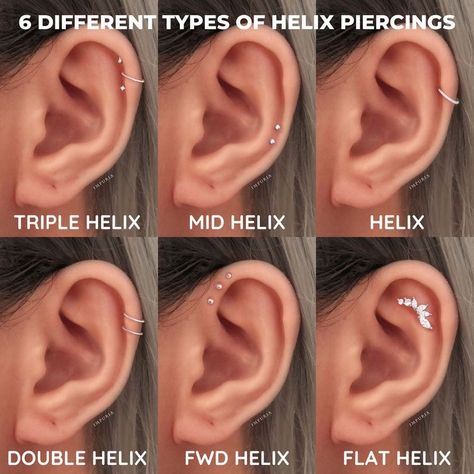 different helix piercings idea inspo. Piercings Idea, Ušný Piercing, Minimalist Ear Piercings, Different Ear Piercings, Unique Ear Piercings, Ear Piercings Chart, Permed Hair, Piercing Chart, Double Ear Piercings