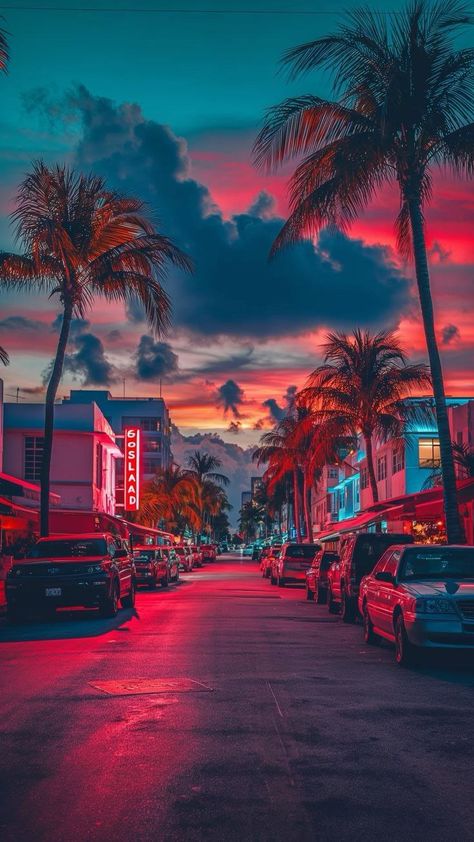 Miami Holiday, Beautiful Sunset Pictures, Grand Theft Auto Artwork, Vintage Collage Art, Puerto Rico Pictures, Miami Nights, Cityscape Wallpaper, Miami Night, Beautiful Beach Pictures