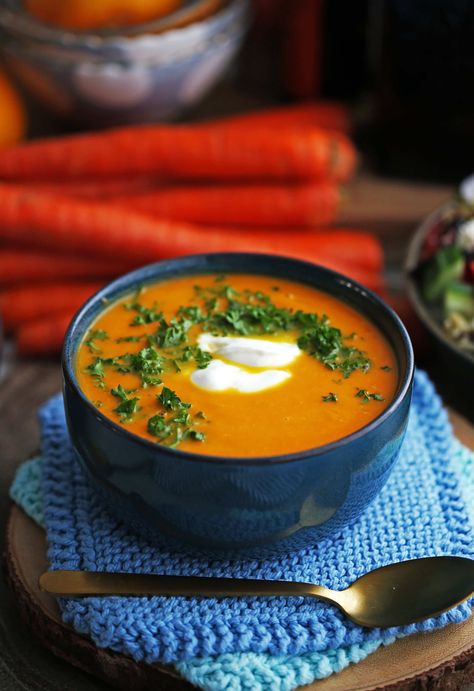 Carrot Orange Ginger Soup is fresh, delicious, and nutritious. This one-pot soup recipe is an easy weekday meal or side dish that's vegan and gluten-free! Stove-top and Instant Pot instructions available. Carrot And Orange Soup, Orange Soup, Whipped Coconut Cream, Sauteed Carrots, Easy Weekday Meals, Ginger Soup, Healthy Recipes For Diabetics, Pureed Soup, Carrot And Ginger