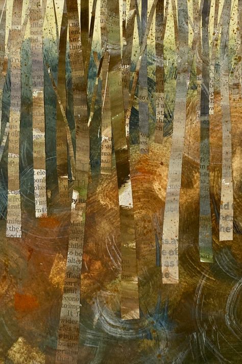 A bold newsprint collage with warm russet watercolour hues ... inspired by woodland walks. Woodland Textiles, Mini Project, Affordable Artwork, Woodland Art, Collage Artwork, Abstract Art Landscape, Mixed Media Artwork, Art Landscape, Textile Art