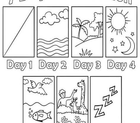 Free & Easy To Print Creation Coloring Pages - Tulamama Day 1 And 2 Of Creation Craft, 7 Days Of Gods Creation, The Beginning Bible Craft, Story Of Creation Coloring Page, The Creation Coloring Pages, Creation Art Projects For Preschool, Creation For Kindergarten, The 7 Days Of Creation, Creation Story Colouring Sheet