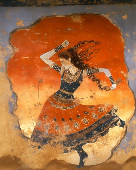 Minoan Dancer (In the style of a Minoan Fresco) Jeff Stanford, 2023. Minoan Makeup, 3 Women Painting, Modern Greek Art, Minoan Aesthetic, Old Greek Paintings, Ancient Greece Painting, Greek Fresco, Minoan Women, Minoan Fashion