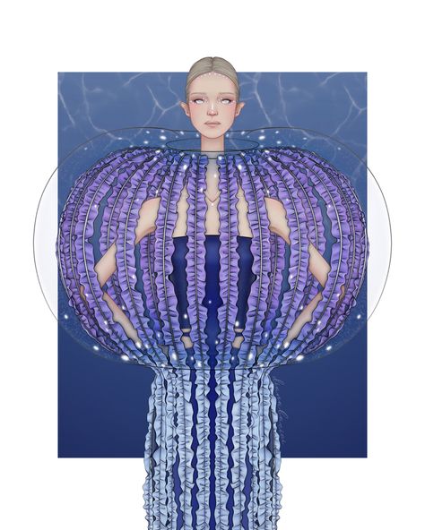 Fashion illustration & design by Diana Bacioi.
3/4 of a figure wearing a long deep blue dress with a see through dome like attachment from neck to waist and purple to sky blue ruffles on the inside vertically going down the dress. The dome attachment also has glowing dots on the top and bottom. 
Figure on blue backdrop with water reflections and thick white border around. Jellyfish Dress Drawing, Jellyfish Fashion Inspiration, Jellyfish Inspired Fashion, Jellyfish Fashion, Procreate Jellyfish, Alien Wedding, Jellyfish Garment, Jellyfish Inspired Fashion Illustration, Crystal Jellyfish