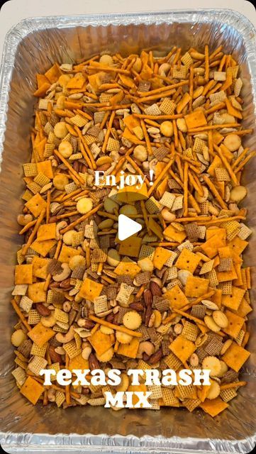 Samantha Mullino on Instagram: "Texas Trash Mix Recipe with all the measurements! Let me know if you want me to do more recipes like this 🫶🏼🥰 #recipes #easyrecipes #snacks #4thofjulyfood #recipe" Trash Can Mix Snack, Chex Mix Recipes Texas Trash, Texas Trash Mix Recipe, Cowboy Crackers, Trash Snack Mix Recipe, Salty Snack Mixes, Texas Trash Chex Mix Recipes, Cracker Mix Recipes, Chex Mix Recipes Savory