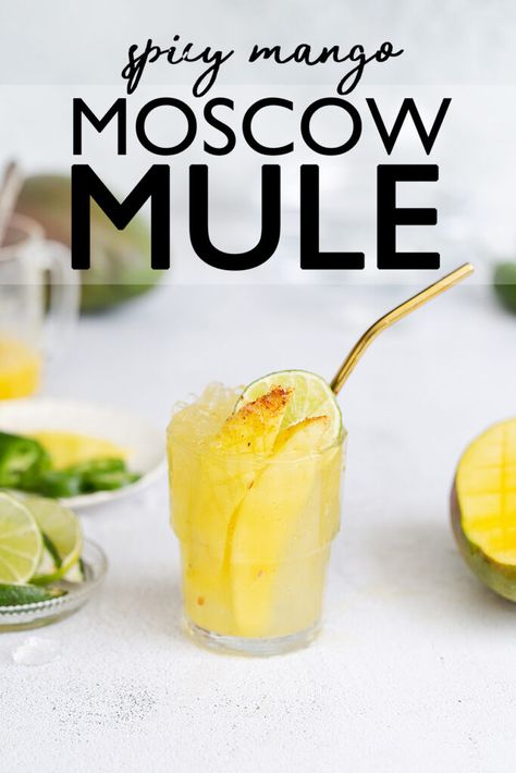 Spicy Mango Moscow Mule · ONE armed MAMA Mango Moscow Mule, Mango Mule Recipe, Mango Moscow Mule Recipe, Spicy Moscow Mule Recipe, Mango Puree Cocktails, Jalapeno Vodka, Spicy Mule, Mango Mule, Reception Cocktail