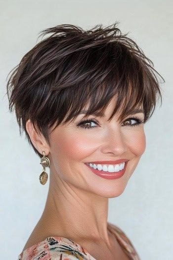 Save this pin for the best pixie hairstyles with bangs. Thanks to its choppy layers and piecey bangs, this playful style is filled with personality. It's a great choice for fine to medium hair since layers add volume and depth. Women's Pixie Haircuts, Layered Hair For Short Hair With Bangs, Layered Short Bob Haircuts, Piecey Bangs Short Hair, Pixie Haircut For Square Faces Fine Hair, Pixie Hairstyles Back View, Pixie Back View Short, Long Chin Hairstyles, Short Sassy Hairstyles For Fine Hair