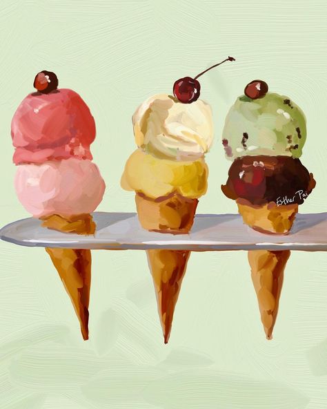 Esther Pai on Instagram: “Feels like summer already! 🍦☀️ Wayne Thiebaud-inspired ice cream cones. . . Artist: @pai.esther . . © 2022 Esther Pai #art #painting…” Dessert Painting, Ice Cream Painting, Art Ice Cream, Ice Cream Swirl, Ice Cream Illustration, Ice Cream Art, Wayne Thiebaud, Cream Art, Feels Like Summer